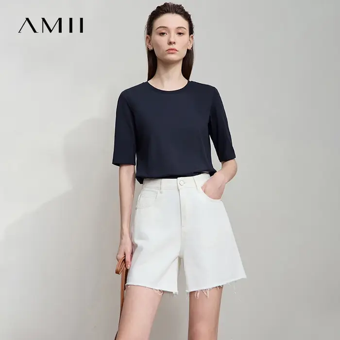 AMII minimaliste coton noir T-Shirt pour femmes 2025 bureau dame O cou plaine tricot