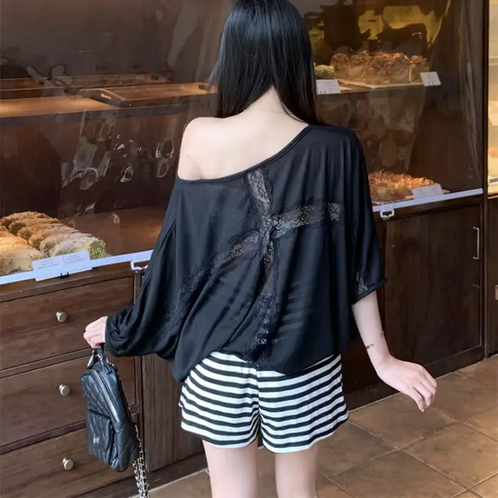 T-shirt oversize pour femme, haut décontracté ample, manches chauve-souris tendance, sexy, dos nu en