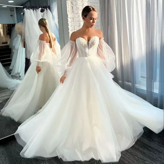 Robe de mariée en tulle pour femme, manches parfaites, costume de fête
