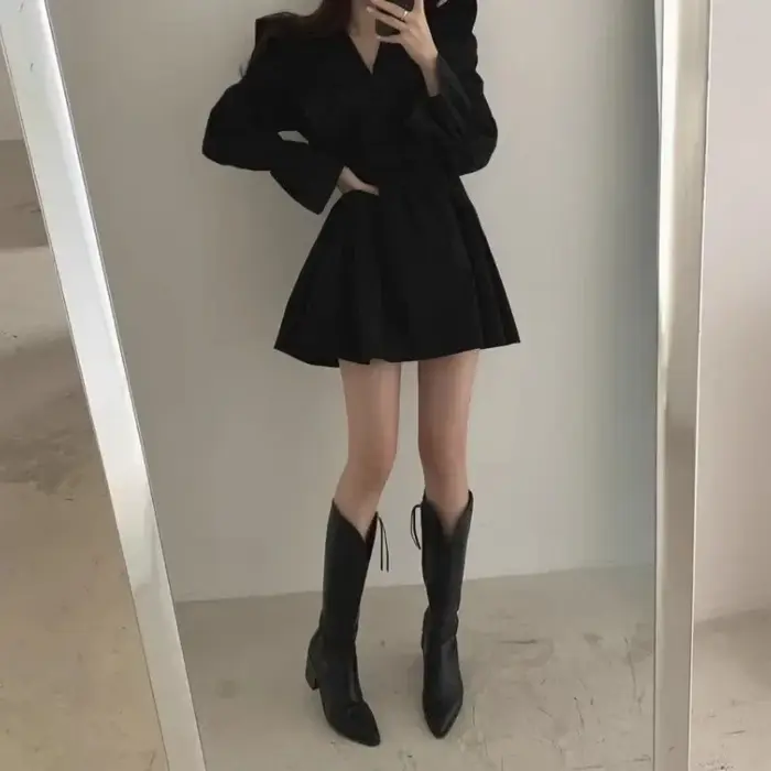 Femme robe à manches longues cravate élastique sensuel Sexy esthétique de haute qualité luxe épais chaud pas cher décontracté robes à volants pour les femmes