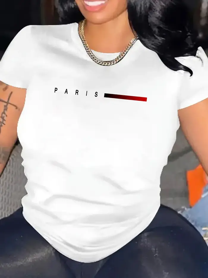 T-shirt grande taille pour femme avec imprimé lettres Paris, style Harajuku, manches courtes, décont