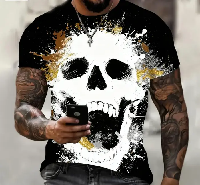 T-shirt d'été à manches courtes pour hommes, imprimé tête de mort en 3D, personnalisé, cool, punk ro