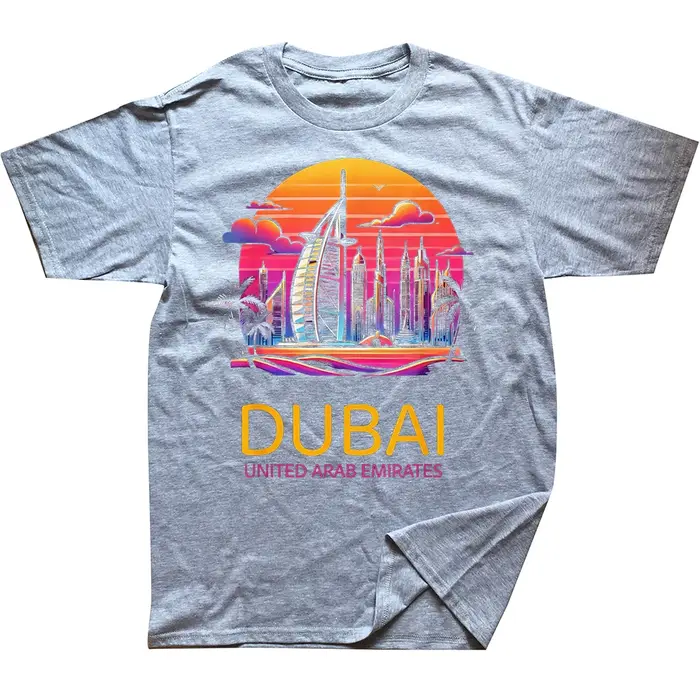 T-shirt amusant en coton 100% coton, motif skyline de Dubaï, Émirats arabes unis, coupe ample et décontractée, streetwear tendance.
