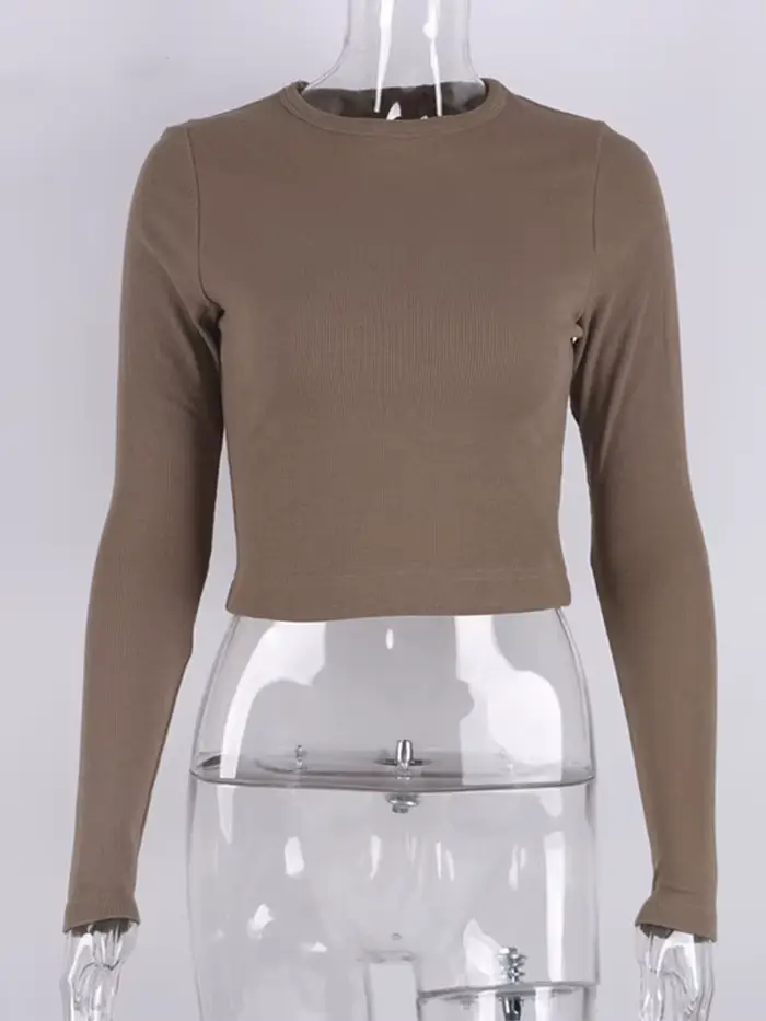 O cou à manches longues chemise femmes côtelé Sexy hauts courts 2022 printemps noir décontracté maigre mince basique femme t-shirts blanc