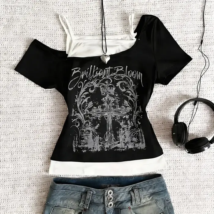 T-shirt femme noir Y2K, hauts imprimés, t-shirts graphiques anime, Harajuku, sexy, Kawaii, Emo, Grun