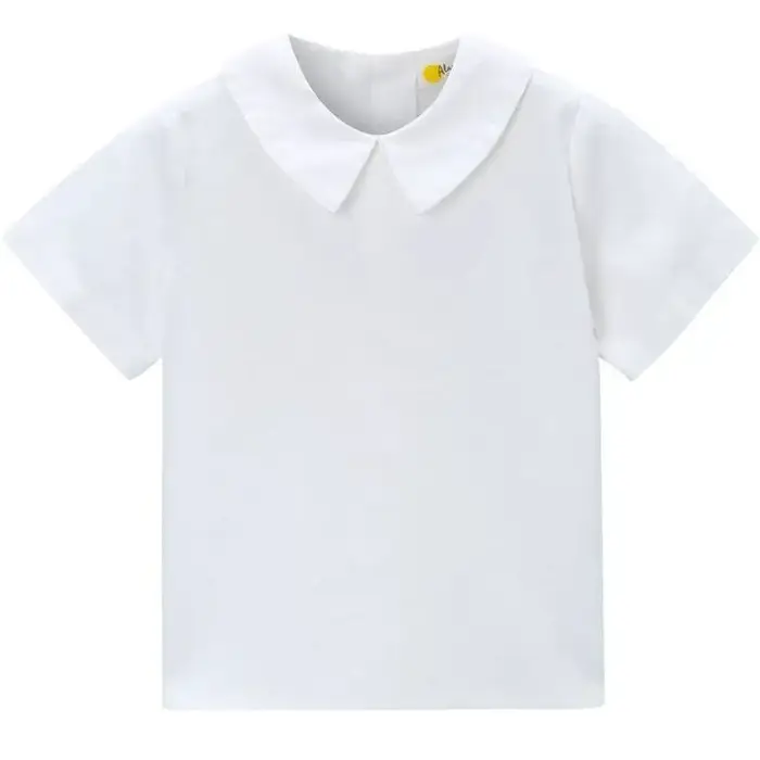 Chemise Blanche à Manches Courtes pour Garçons avec Col à Revers et Passepoil Bleu Marine