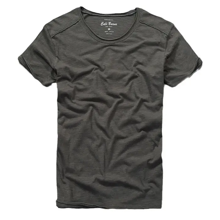 T-shirt col rond pour hommes en coton flammé en détresse mode d'été mince décontracté couleur unie col effiloché et