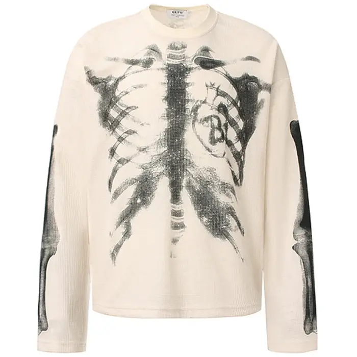 Squelette graphique T-shirts hommes Streetwear Harajuku Hip Hop surdimensionné T-shirts à manches longues t-shirt hauts noir Beige