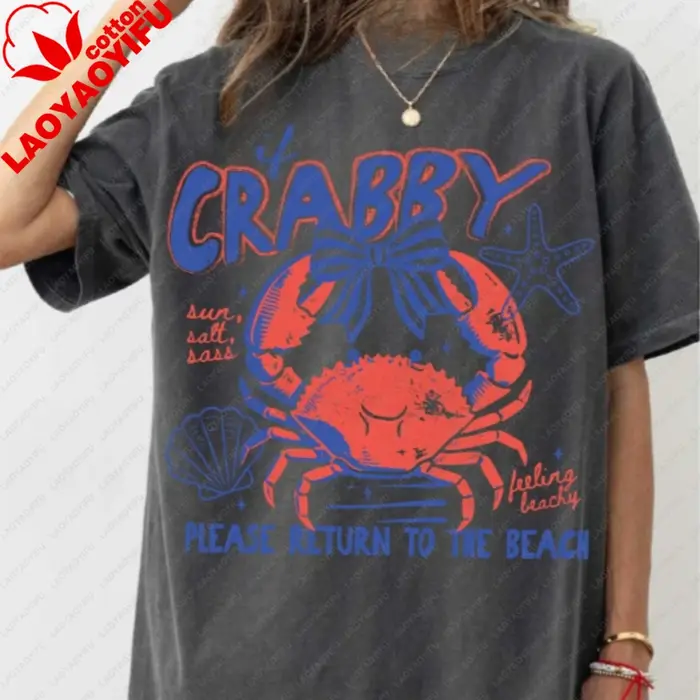T-shirt Crab Beach, humoristique, pour les vacances en bord de mer, vêtements d'été sur le thème de la vie marine, vêtements pour femmes, t-shirts graphiques, t-shirts oversize, hauts