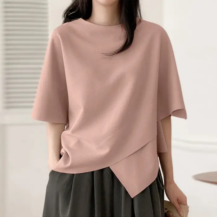 ZANZEA femmes asymétrique t-shirt mode été demi manches t-shirts 2024 coréen col rond plaine tunique