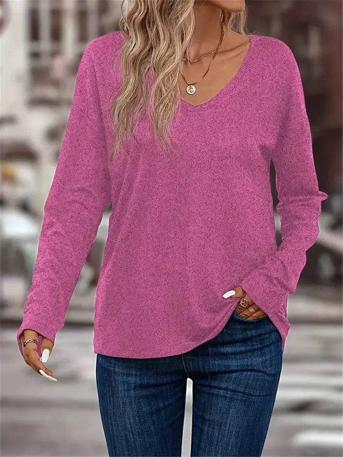 T-shirt uni à manches longues et col en V pour femme