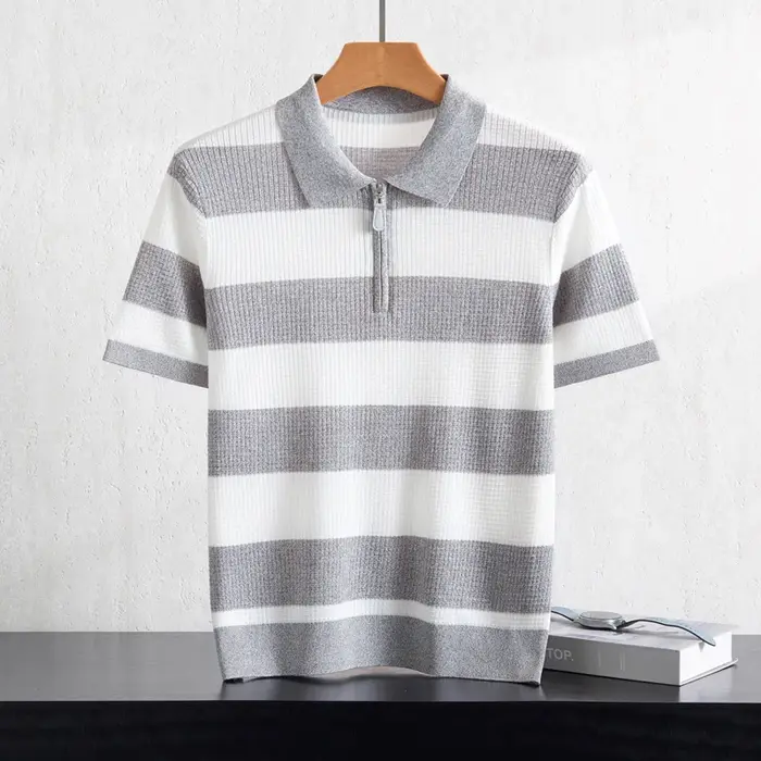 T-shirt pour homme à col polo rayé en tricot à manches courtes 100% Lyocell respirant et confortable pour le travail et les loisirs