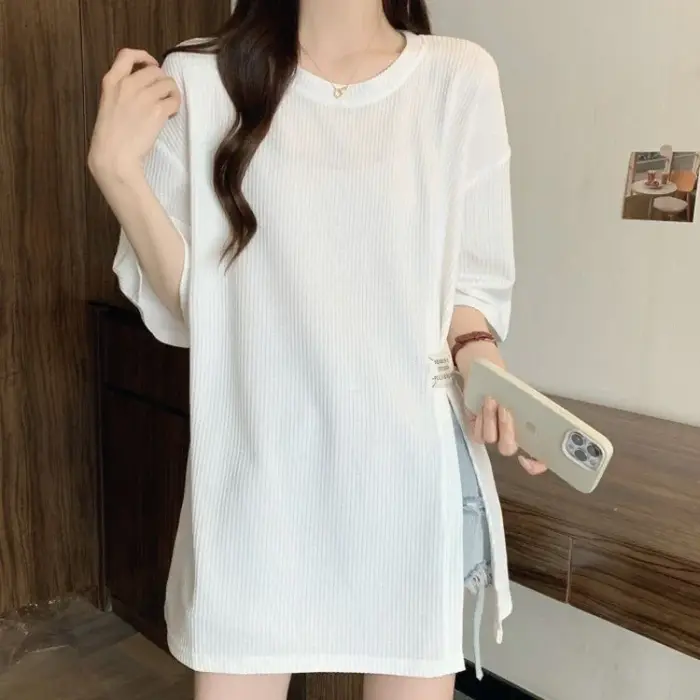 Style paresseux ample fente ourlet jeunesse hauts été à manches courtes col rond simplicité rue décontracté t-shirts mode coréenne femmes vêtements