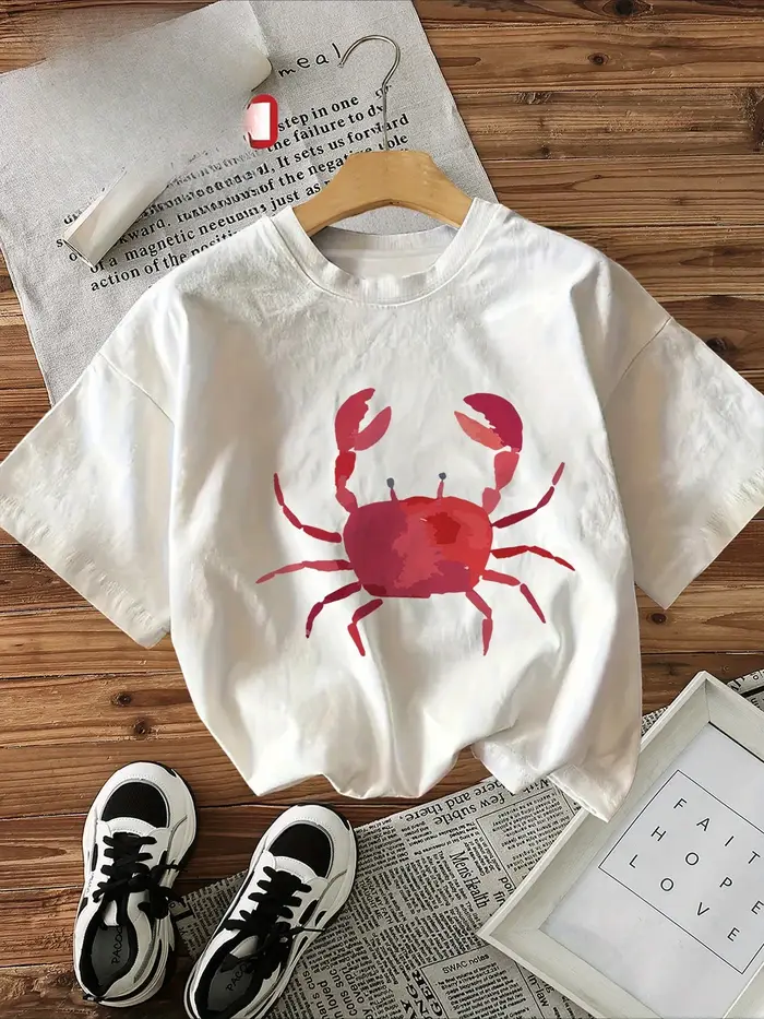 Motif de crabe imprimé T-Shirt créatif Style Simple à manches courtes col rond été femme haut décontracté doux T-Shirt vêtements