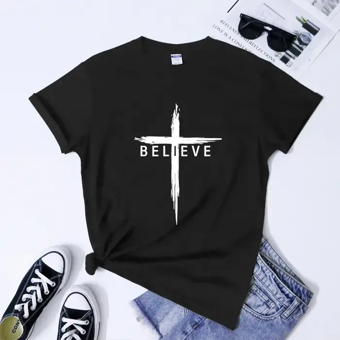 T-shirt Croix Chrétienne Unisexe avec Citations Bibliques Jésus-Christ Femme Religieux Inspirant Foi Bible Haut