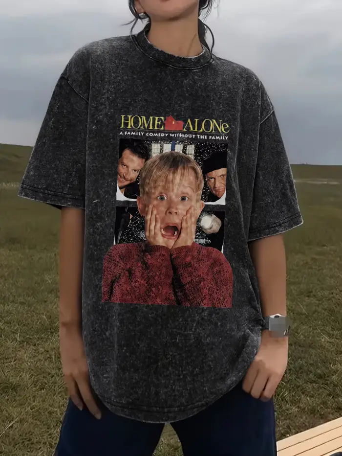 Film de noël seul à la maison T-shirt graphique pour femmes quatre saisons nouveau T-shirt lavé adap