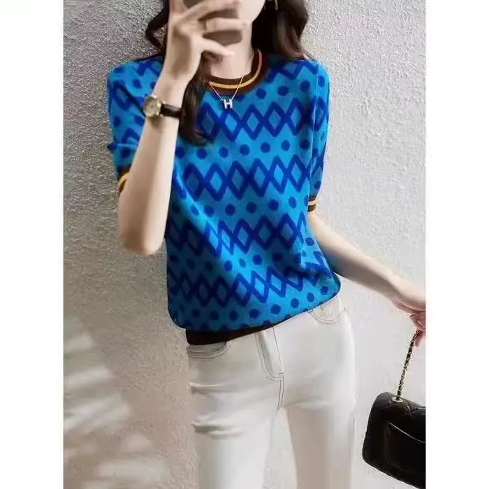 Pull en cachemire à manches courtes pour femme, décontracté, couleur assortie, coupe cintrée, col ro