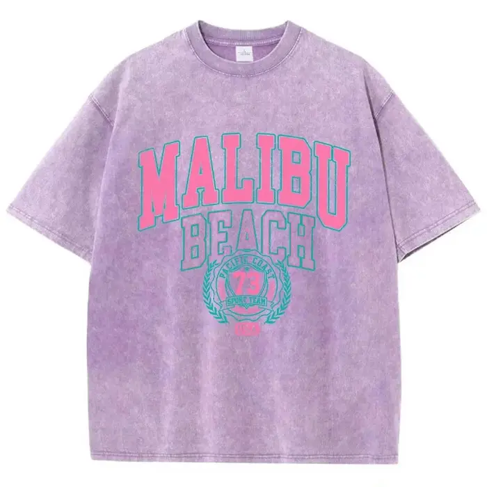 Malibu-T-shirt de plage en coton délavé pour femme, imprimé de lettres, confortable, col rond, décon