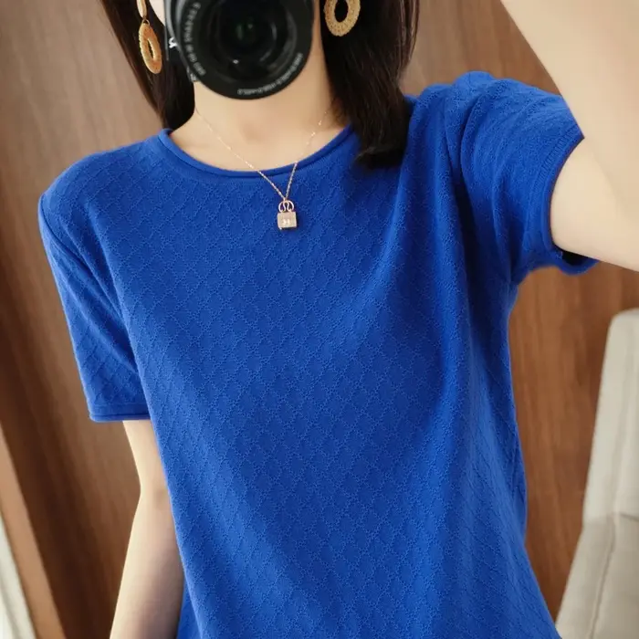 T-shirt femme printemps/été 100% coton pull à manches courtes décontracté roulé col rond dames hauts chemisier ample