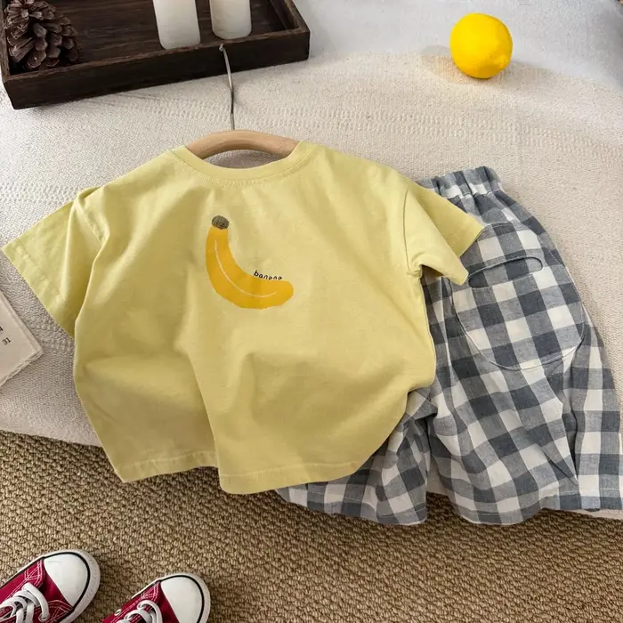 T-shirt Apple Banana pour garçons et filles, vêtements d'été mignons, col rond, haut en pur coton, t-shirts blancs et jaunes pour tout-petits