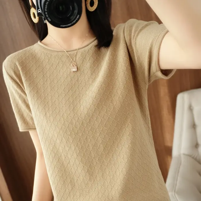 T-shirt femme printemps/été 100% coton pull à manches courtes décontracté roulé col rond dames hauts chemisier ample