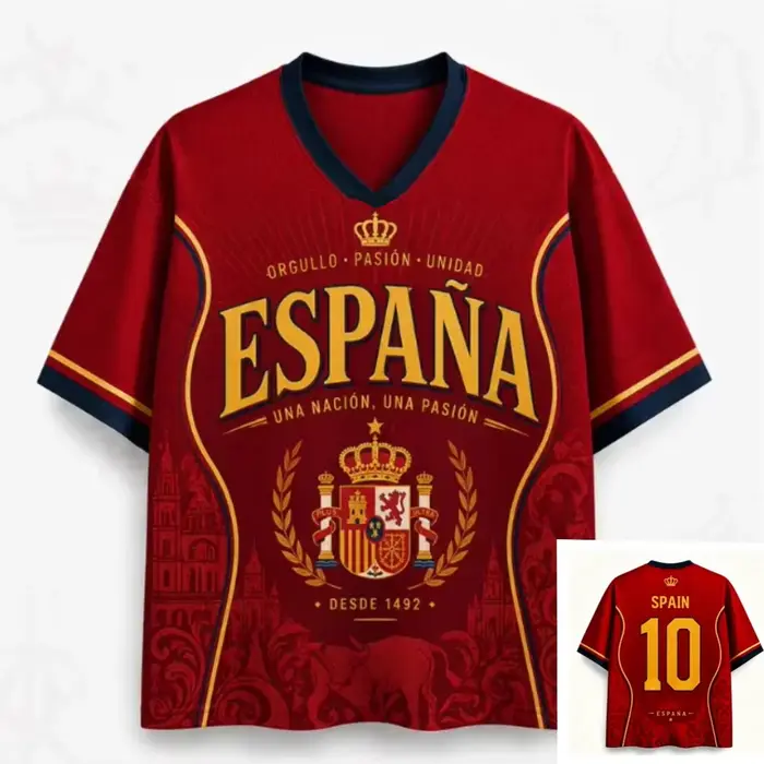 T-shirt de football rétro à manches courtes col en V imprimé 3D surdimensionné Espagne Taureau N°10 collection été 2026