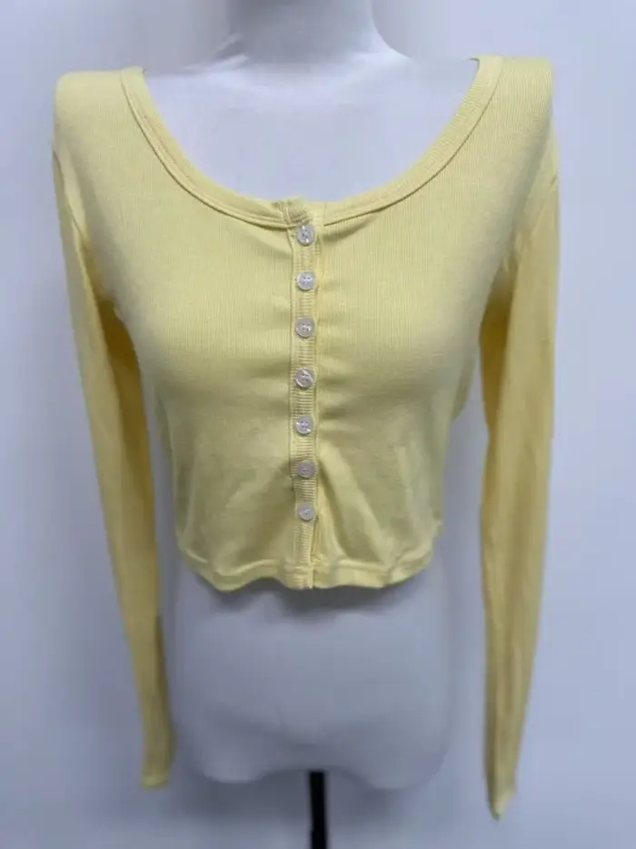 T-shirt à simple boutonnage à manches longues haut court couleur unie t-shirts pour femmes Streetwear coupe ajustée dame tenue Camisetas Ropa Mujer
