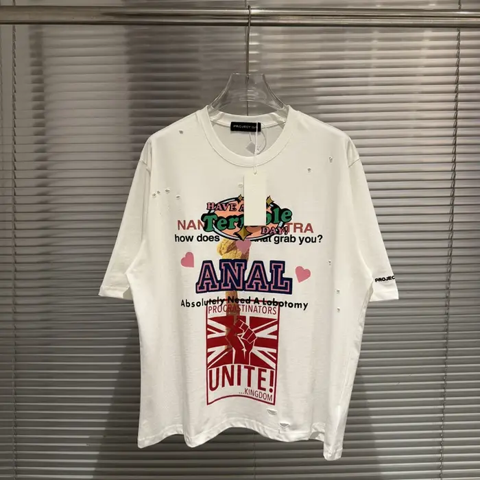 T-shirt Unisexe Imprimé Drapeau 'PROJECT Hole Damaged Fist' Vintage Délavé Coupe Ample Manches Court