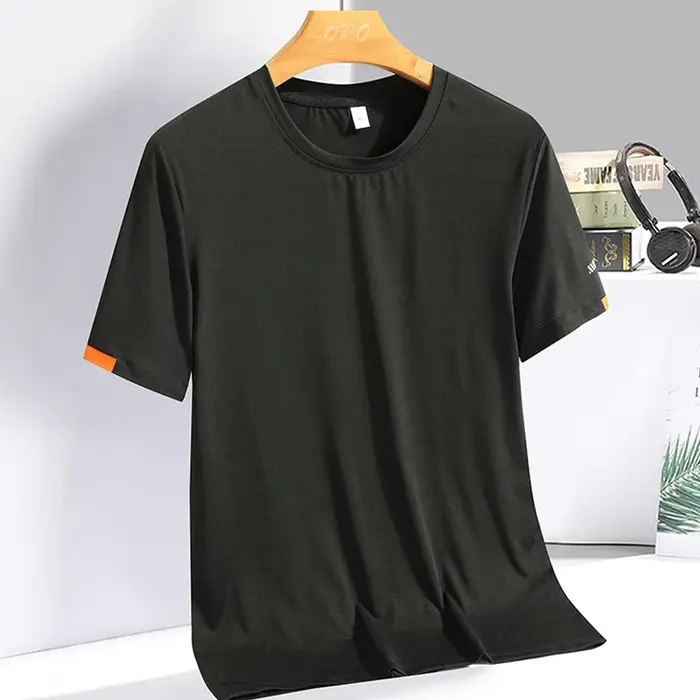 T-shirt d'été en soie glacée pour hommes, sweat-shirt col rond, Simple, costume de course, Fitness,