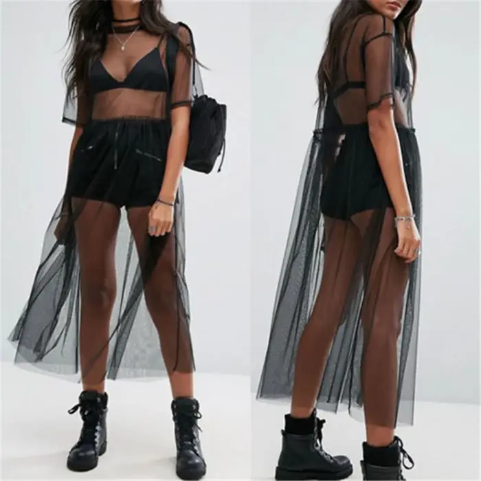 Sexy t-shirt maille robe transparente femmes Transparent couvrir haut t-shirt mode Transparent à man