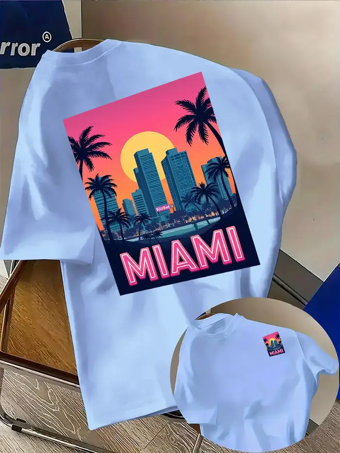 T-shirt pour homme en coton 100% doux de qualité supérieure avec impression du coucher de soleil de Miami