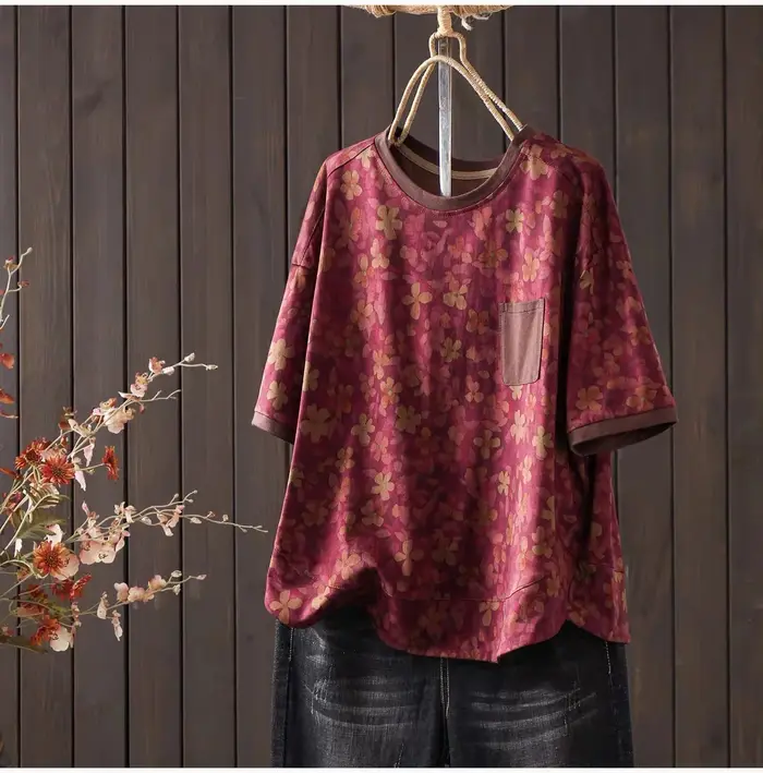 T-shirt vintage à imprimé floral pour femme, style bohème, manches courtes, coupe ample avec poches,