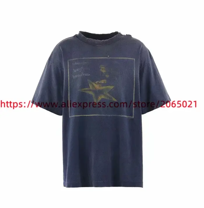 T-Shirt Bleu Délavé Vintage pour Homme et Femme, de Haute Qualité