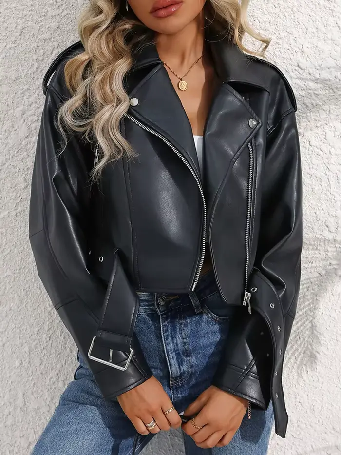 Ailegogo printemps automne femmes Faux cuir Pu veste courte avec ceinture moto motard femme fermetur