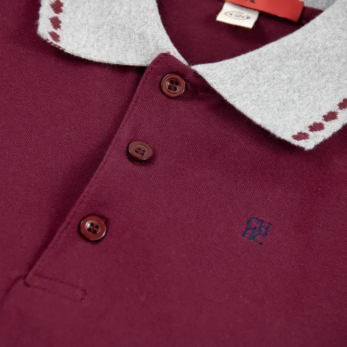 Polo à manches longues CH Bourgogne avec col gris contrastant brodé en coton doux pour enfants
