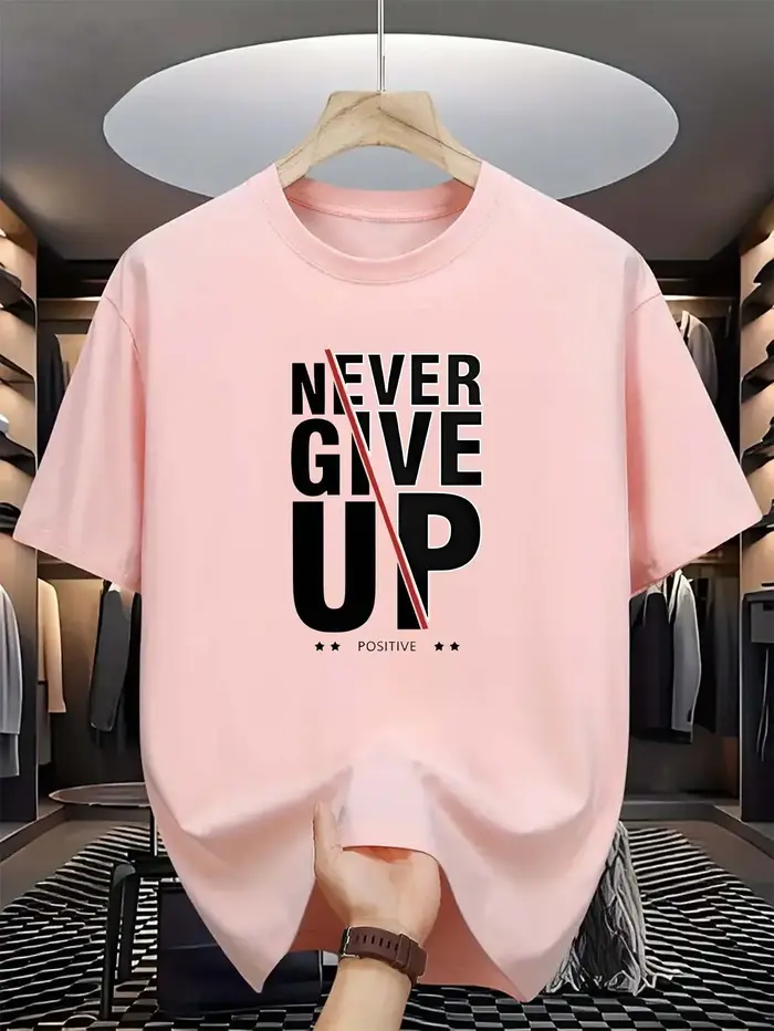 T-shirt pour homme à imprimé monogramme 'Positive' - 'Never Give Up' - Motif graphique tendance - Décontracté - Manches courtes - Haut confortable - T-shirts gothiques