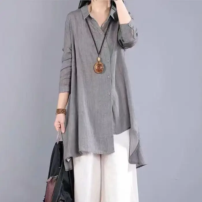 Chemise en coton et lin à col polo et manches longues pour femmes, à ourlet irrégulier, mi-longue, s