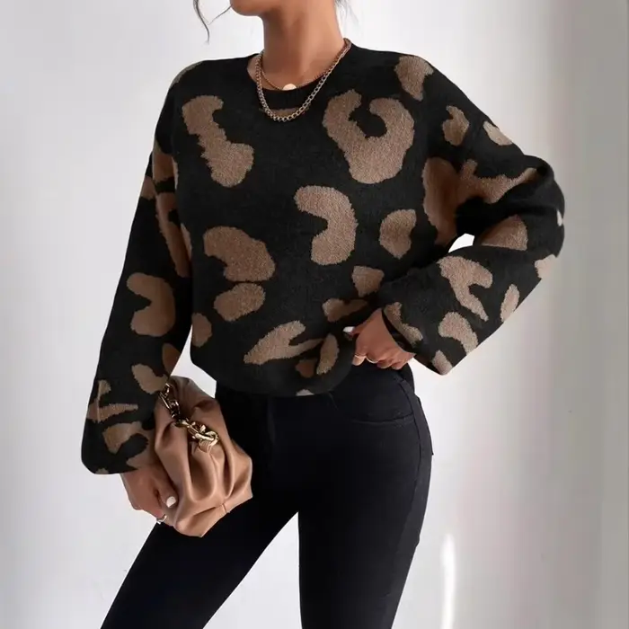 Pull imprimé léopard pour femme, col rond, surdimensionné, automne hiver, haut en tricot polyvalent, chemisier Chic décontracté