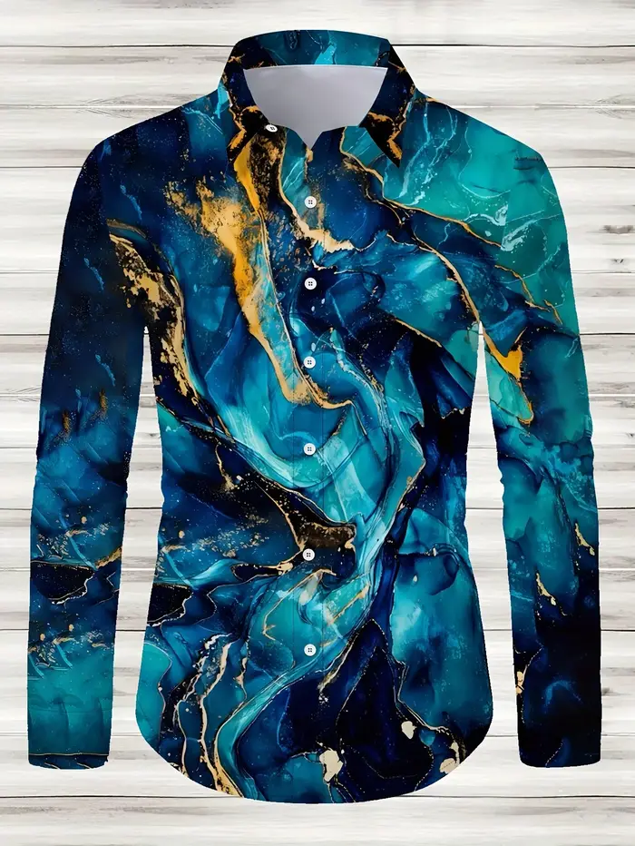 Chemise boutonnée décontractée à motifs géométriques pour hommes – Mélange de polyester, col à rever