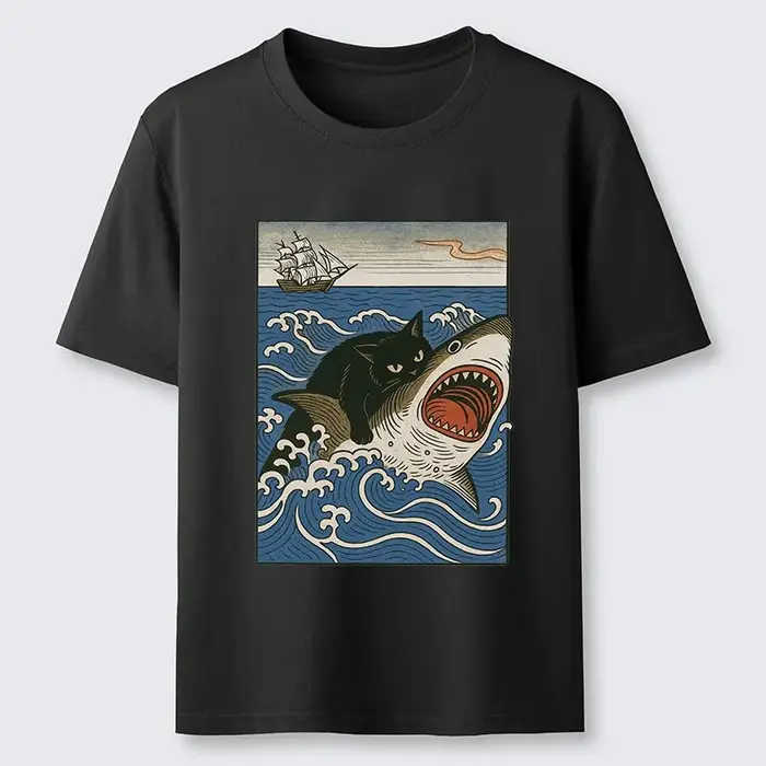 T-shirt classique à manches courtes et col rond en pur coton pour homme, motif requin chasseur de ch