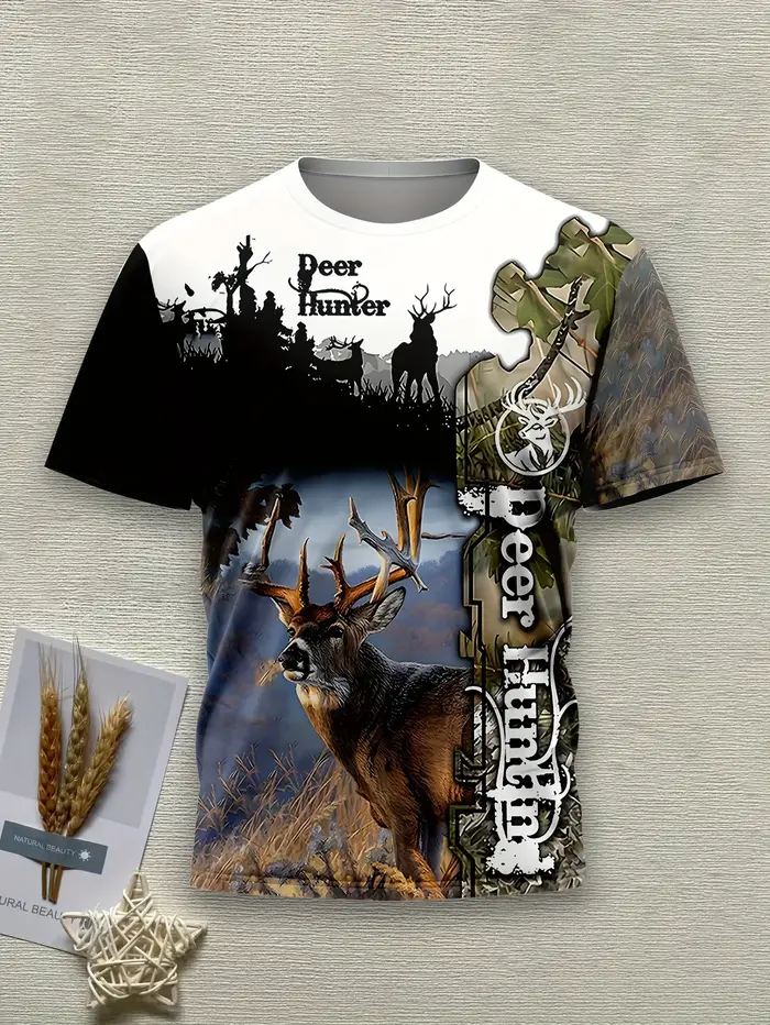 T-shirt décontracté pour homme à imprimé 3D cerf, col rond, manches courtes, style camouflage, motif graphique, hauts de mode pour l'extérieur