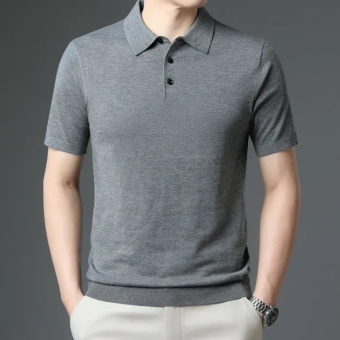 Haute qualité Ultra Fine 100% laine mérinos printemps été hommes d'affaires col Polo à manches courtes