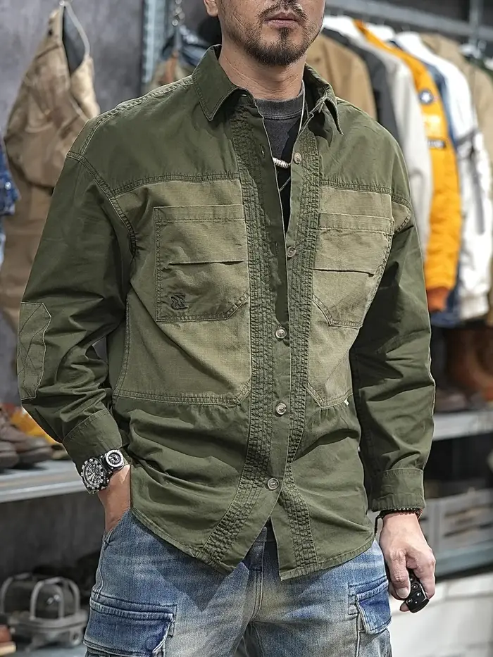 Patchwork utilitaire décontracté vêtements de travail en plein air chemises pour hommes printemps été haute qualité 100% coton épaule tombante Safari Cargo chemise