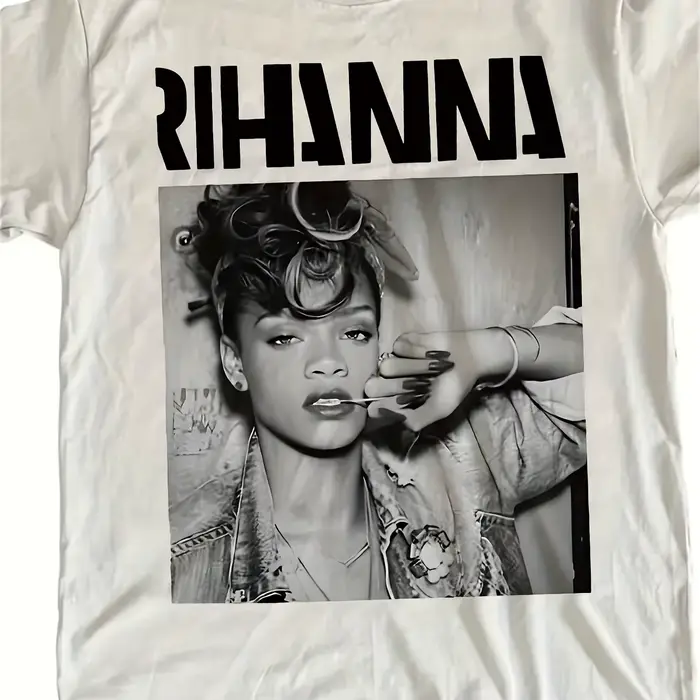 T-shirt unisexe décontracté d'été pour hommes, imprimé portrait noir et blanc de Rihanna