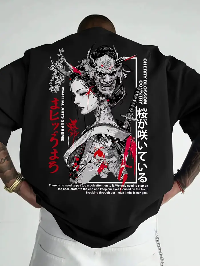 T-shirt pour homme en coton 100% doux de qualité supérieure avec imprimé Geisha Samurai japonais
