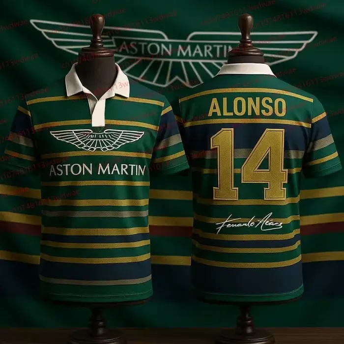 Aston Martin Racing Team Training Street Style Button Polo Shirt Fernando Alonso 14 Vêtements à manc