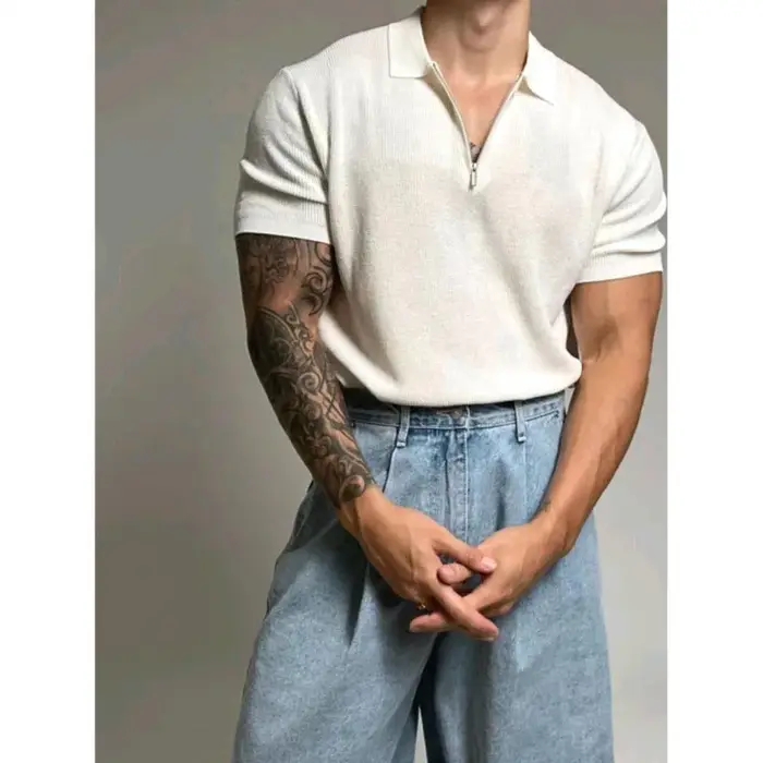 Polo tricoté décontracté à manches courtes pour homme, col rabattu avec demi-fermeture éclair, T-shi