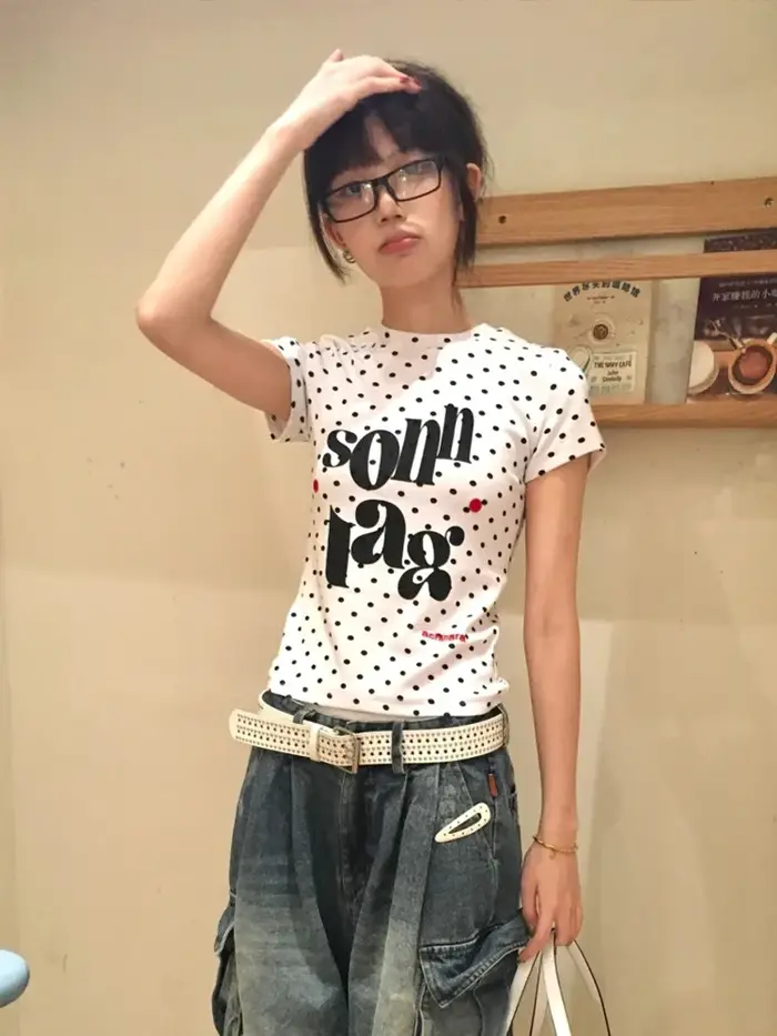 Tonngirls Harajuku imprimé graphique hauts femmes à manches courtes à pois T-shirt Y2k japonais Vint
