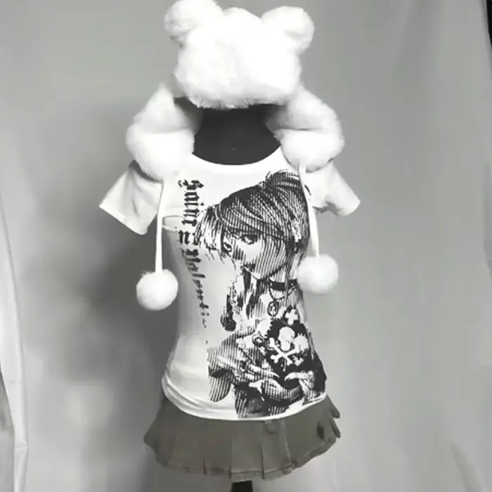 Y2k anime Streetwear col rond 90s texte impression hauts femmes Harajuku vêtements Simple Vintage T-shirt court