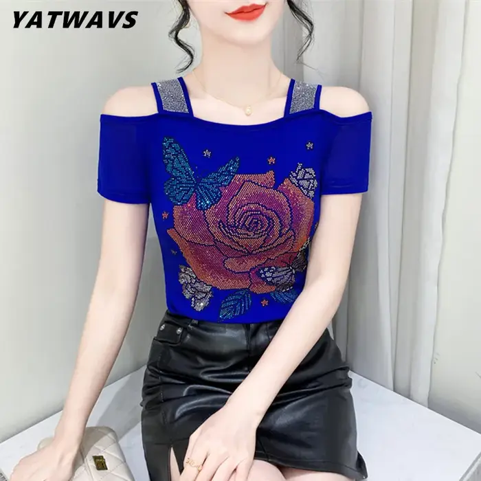 Nouveau Design européen de fleur de Rose vêtements pour femmes T-Shirt Chic épaules nues diamants chauds hauts élégant Streetwear filles t-shirts chemises